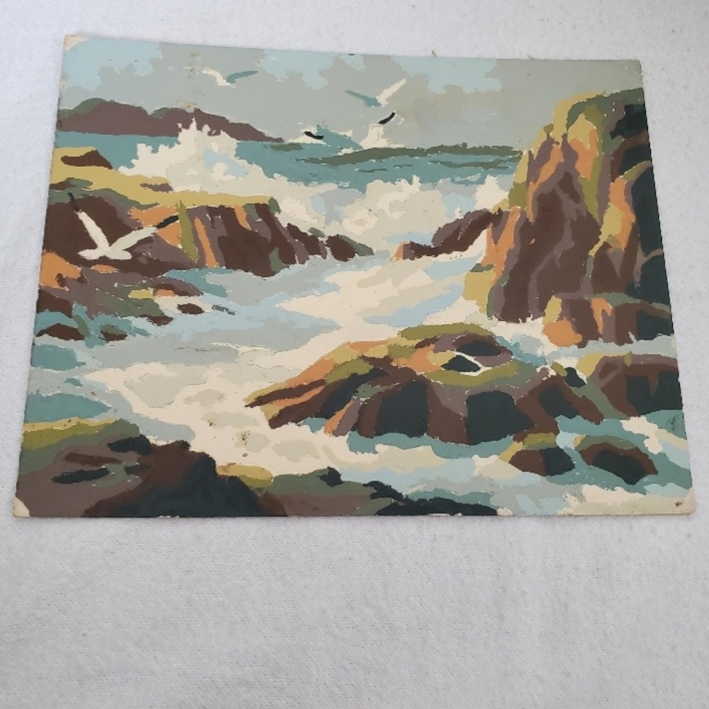 Vintage Paint by Numbers Seagulls/seaside/rocks and cliffs/Original Oil Painting